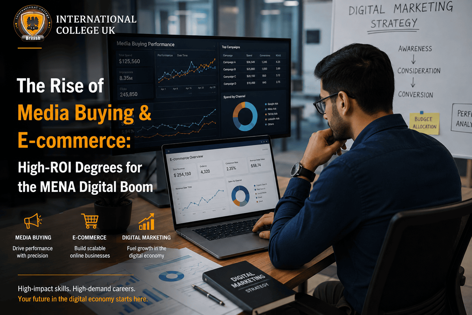 Students analyzing e-commerce and media buying performance metrics for digital marketing degrees in GCC